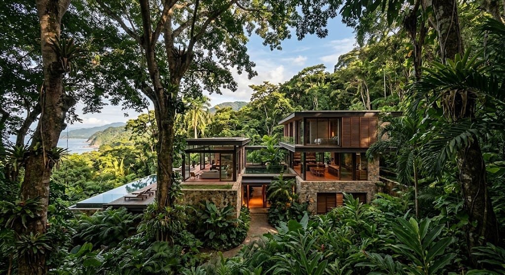 Casa contemporánea integrada a un paisaje tropical