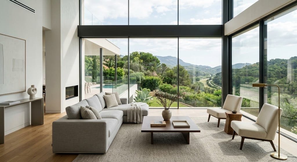 Interior contemporáneo con vista al paisaje